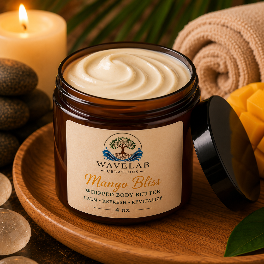 WaveLab Creations handcrafted moisturizing body butter in a jar for soft, hydrated skin.